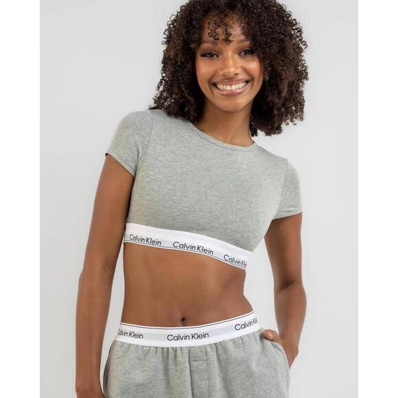 Calvin Klein Modern Cotton T-Shirt Bralette Crop Top Gray Logo Band NWT L - Picture 1 of 4